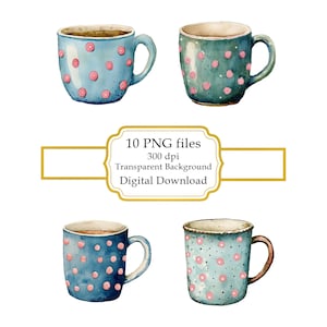 Caneca azul com bolinhas rosa PNG Clipart Bundle - Download digital