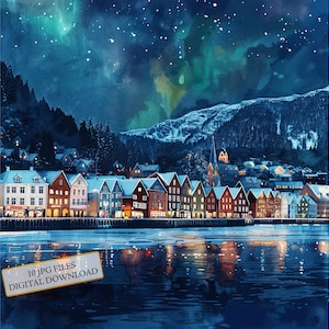 Bergen met noorderlicht besneeuwde landschap clipartbundel-10 hoge kwaliteit aquarel jpg's-winter kunst, scrapbook levering, digitale download