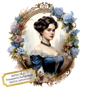 Vintage Lady Portrait Clipart Bundle- 10 High Quality Watercolor PNGs- Journaling, Scrapbooking, Digital Download