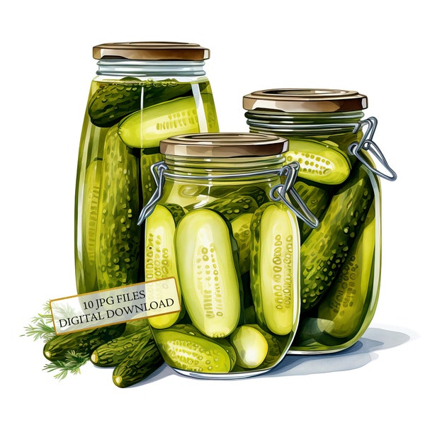 Jars of Pickles Clipart Bundle- 10 High Quality Watercolor JPGs- Kitchen, Food Art, Journaling, Scrapbook Supply, Digital Download