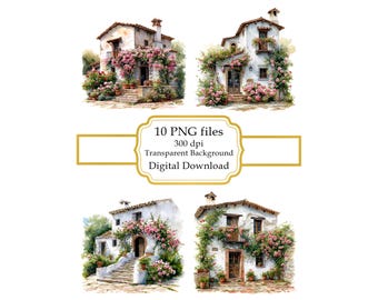 Old Spanish House Overgrown with Flowers PNG Clipart Bundle- Digital Download