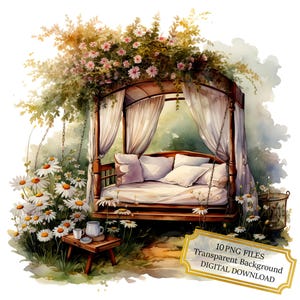 Floral Overgrown Wooden Swing Seat PNG Clipart Bundle- Digital Download