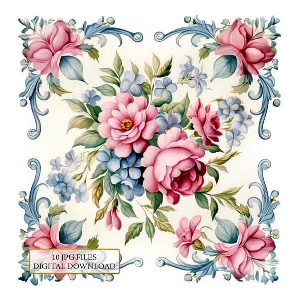 Vintage Floral Napkins Clipart Bundle- 10 High Quality Watercolor JPGs- Decoupage, Crafting, Junk Journaling, Scrapbook, Digital Download