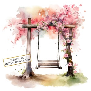 Spring Tree Swing Clipart Bundle - 10 JPGs de aquarela de alta qualidade - Arte de jardim, diário, material para scrapbook, download digital