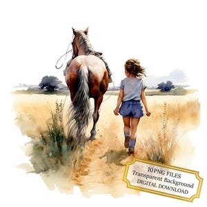 Meisje wandelen met haar paard in een veld clipartbundel-10 hoge kwaliteit aquarel png's-journaling, scrapbook levering digitale download