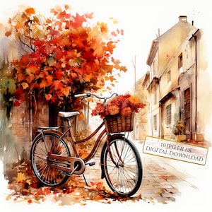 Paquete de imágenes prediseñadas de bicicleta con cesta llena de flores otoñales: 10 archivos JPG de acuarela de alta calidad. Estaciones, diario, álbum de recortes, descarga digital.
