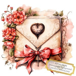 Love Letter with Pink Flowers Clipart Bundle- 10 High Quality Watercolor PNGs- Valentine&#39;s Day, Journaling, Scrapbooking Digital Download