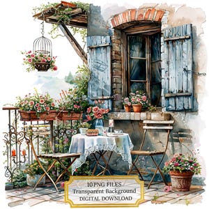 Pacote de clipart de varanda italiana aconchegante com mesa e cadeiras - 10 PNGs de aquarela de alta qualidade - Artesanato, diário, download digital de álbum de recortes