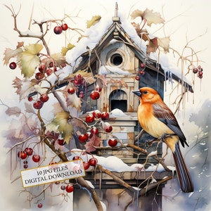 Paquete de imágenes prediseñadas de casita de pájaros en invierno nevado: 10 imágenes en acuarela de alta calidad (JPG) - Vacaciones de invierno, diario, material para álbumes de recortes, descarga digital