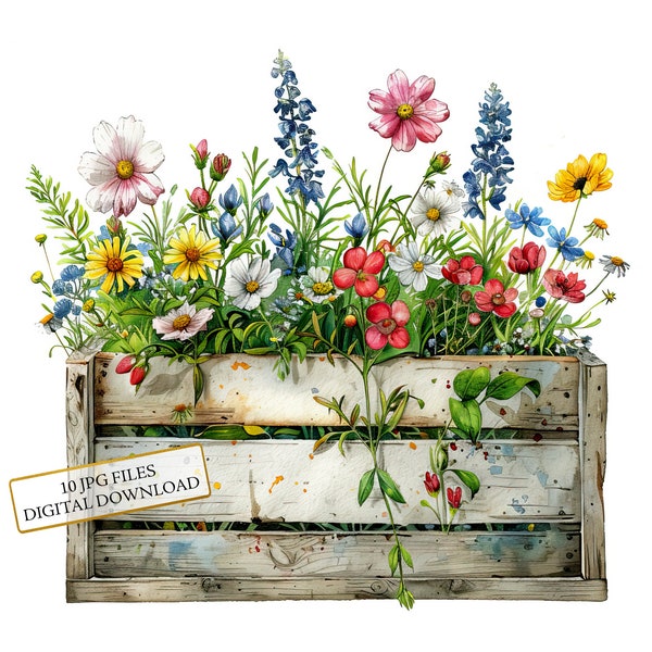 Spring Flowers in Rustic White Wood Crates Clipart Bundle- 10 High Quality Watercolor JPGs- Garden, Journaling, Scrapbook, Digital Download