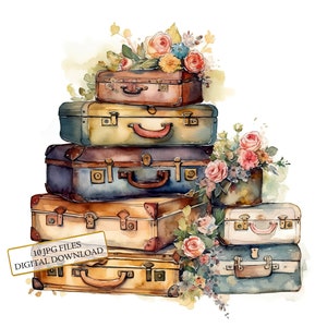 valises vintage avec fleurs Clipart Bundle - 10 JPG aquarelles de haute qualité - art du voyage, journalisation, album, téléchargement numérique