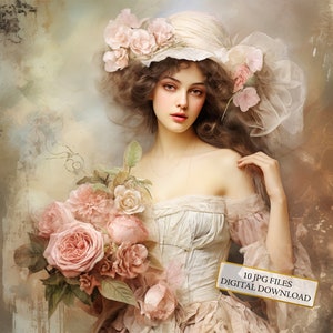 Pacchetto di clipart di donne vintage floreali - 10 JPG di acquerelli di alta qualità - Decoupage, diario, scrapbooking, download digitale