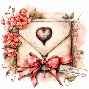 Liebesbrief mit rosa Blumen Clipart Bundle- 10 hochwertige Aquarell JPG- Valentinstag, Journaling, Scrapbook Versorgung Digital Download