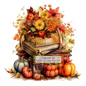 Old Newspapers with Autumn Flowers and Pumpkins JPG Clipart Bundle- Digital Download