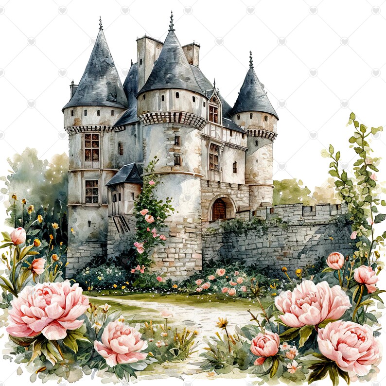 French Castle Overgrown with Flowers PNG Clipart Bundle- Digital Download image 6