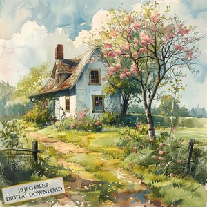 Old House in Spring Countryside Clipart-bundel-10 hoge kwaliteit aquarel JPGs-Crafting, journaling, scrapbookingateliers, digitale download