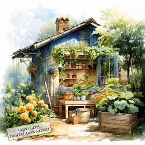 Small Garden House Surrounded By Plants JPG Clipart Bundle- Digital Download