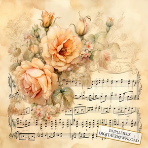 Paquete de imágenes prediseñadas de partituras vintage con flores: 10 archivos JPG de acuarela de alta calidad. Ideal para manualidades, diarios, scrapbooking y descargas digitales.