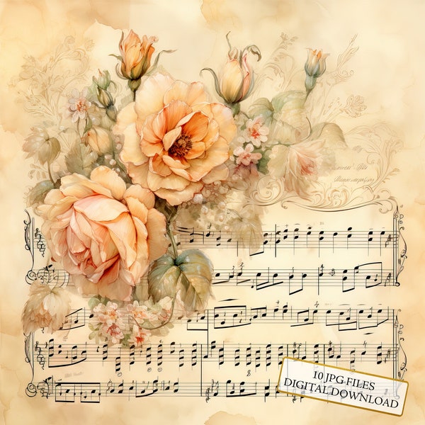Vintage Music Sheet with Flowers Clipart Bundle- 10 High Quality Watercolor JPGs- Crafting, Journaling, Scrapbooking, Digital Download