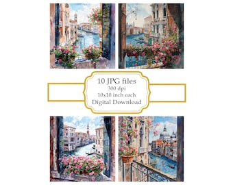 View of Venice from a Pink Floral Balcony JPG Clipart Bundle- Digital Download