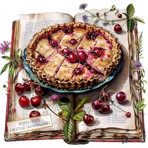 Torta de cereja e livro de receitas com clipart de flores silvestres - 10 JPGs de aquarela de alta qualidade - Diário de cozinha, álbum de recortes, download digital