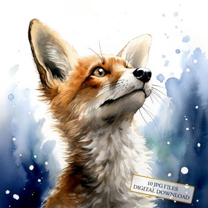 Renard regardant le ciel avec émerveillement Clipart Bundle - 10 JPG aquarelles de haute qualité - Art animalier, journalisation, scrapbooking, téléchargement numérique