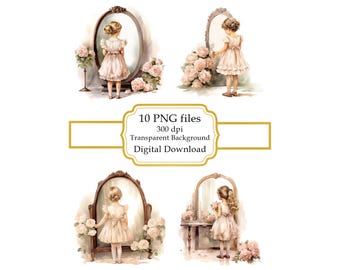 Little Girl in front of Mirror with Peonies PNG Clipart Bundle- Digital Download