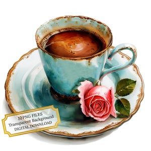 Pacchetto di clipart di tazze da caffè vintage con rose - 10 immagini PNG acquerellate di alta qualità - Arte da cucina, journaling, album, download digitale