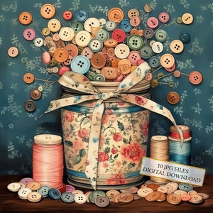 Vintage pot met naaiknoppen clipartbundel-10 hoge kwaliteit aquarel jpgs-journaling, scrapbook levering, digitale download