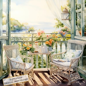 Bellissimo accogliente balcone Clipart Bundle- 10 JPG ad acquerello di alta qualità- Artigianato, diario di spazzatura, album, download digitale