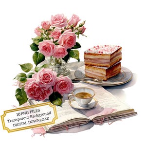 Pacchetto di clipart "Tè pomeridiano con torta e rose" - 10 PNG acquerellati di alta qualità - Vintage, Journaling, Scrapbooking, Download digitale