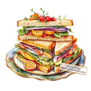 Bundle de cliparts sandwich végétarien - 10 JPG aquarelles de haute qualité - nourriture végétarienne, journalisation, scrapbooking, téléchargement numérique