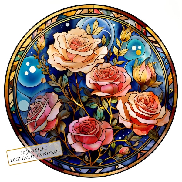 Roses in the Night Circular Stained Glass Clipart Bundle- 10 High Quality Watercolor JPGs- Crafting, Journaling, Scrapbook, Digital Download