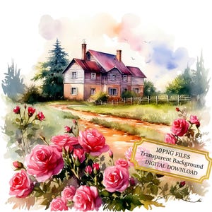 Pakiet clipartów Rose Field with a Vintage House - 10 wysokiej jakości akwareli PNG - Wieś, dziennikarstwo, materiały do scrapbookingu, pobieranie cyfrowe