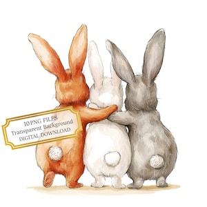 Drie schattige konijntjes knuffelen clipartbundel-10 hoge kwaliteit aquarel png's-kwekerij kunst, journaling, scrapbook levering, digitale download