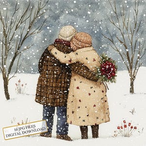 Entzückendes altes Paar umarmt im Schnee Clipart Bundle - 10 hochwertige Aquarell JPGs - Liebe Kunst, Journaling, Scrapbooking, Digital Download