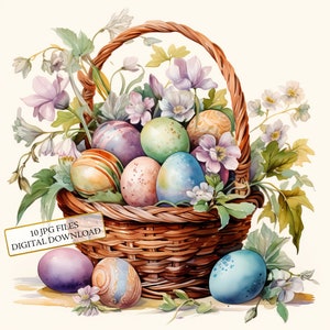 Paquete de imágenes prediseñadas de cesta de huevos de Pascua estilo shabby chic: 10 archivos JPG de acuarela de alta calidad. Material para manualidades, diarios, álbumes de recortes y descarga digital.