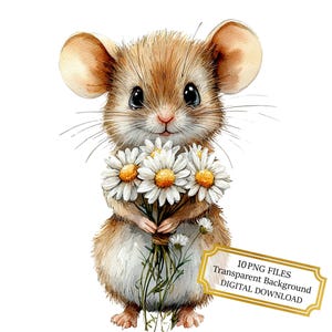 Adorable petite souris tenant un bouquet de marguerites Clipart Bundle - 10 PNG aquarelles de haute qualité - journalisation, scrapbooking, téléchargement numérique