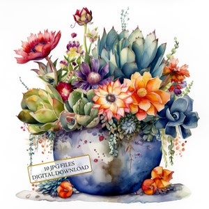 Cactus in Flower Pot Clipart Bundle- 10 High Quality Watercolor JPGs- Desert Garden Art, Journaling, Scrapbook Supply, Digital Download