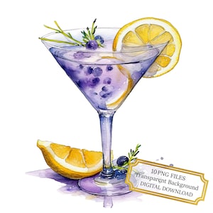 Pacchetto Clipart Lemon Drop Vodka Martini - 10 PNG acquerellati di alta qualità - Cocktail, Journaling, Scrapbooking, Download Digitale
