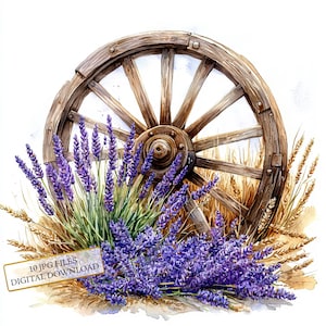 Wagon Wheel with Lavenders and Wheat JPG Clipart Bundle- Digital Download