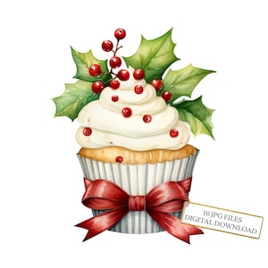 Paquete de imágenes prediseñadas de cupcakes navideños: 10 archivos JPG de acuarela de alta calidad. Vacaciones de invierno, diario, material para álbumes de recortes, descarga digital.