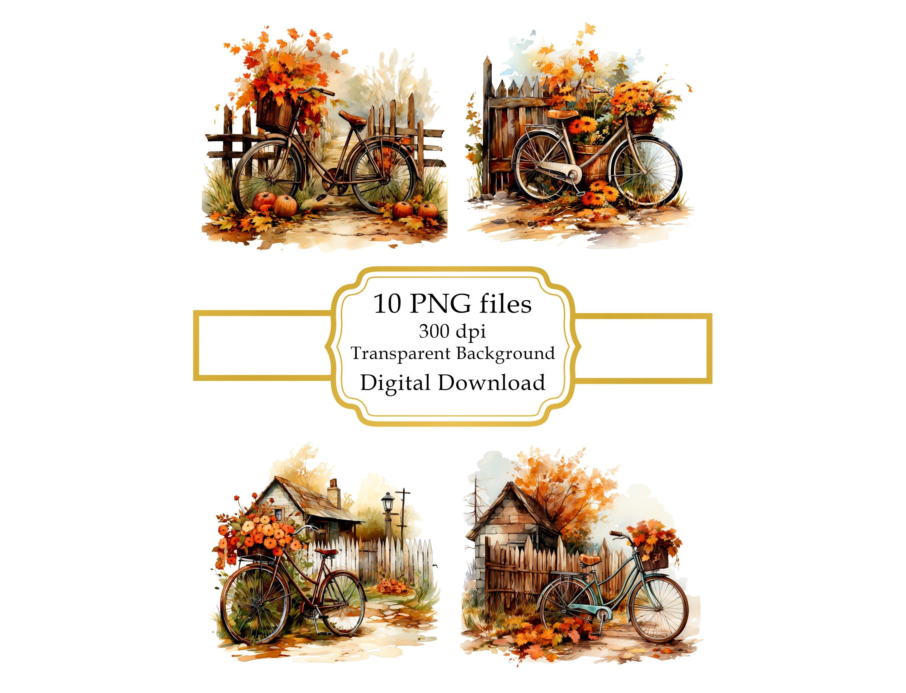 Bicycle in Autumn Street an Fall Leaves PNG Clipart Bundle- Digital ...