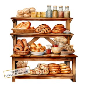 Pacchetto di clipart di un banco del pane in una panetteria - 10 JPG di acquerelli di alta qualità - Artigianato, diario di spazzatura, album di ritagli, download digitale