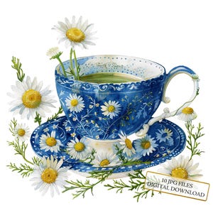 Tazza da tè vittoriana blu con margherite Clipart Bundle - 10 JPG ad acquerello di alta qualità - Vintage, Journaling, Scrapbooking, Download digitale