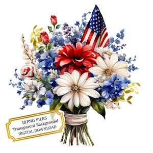 Paquete de imágenes prediseñadas de ramo de flores del Día de la Independencia: 10 PNG de acuarela de alta calidad - 4 de julio, suministros para diario y álbumes de recortes, descarga digital