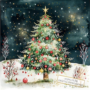 Pacchetto di clipart di alberi di Natale scandinavi - 10 JPG di acquerelli di alta qualità - Vacanze invernali, diario, fornitura di album, download digitale