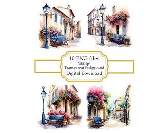A French Street with Bench PNG Clipart Bundle- Digital Download