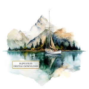 Pacchetto di clipart di barche a vela in un lago con paesaggi montani - 10 JPG di acquerelli di alta qualità - Forniture per journaling, scrapbooking, download digitale