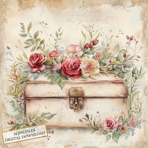 Sieradendoos met rozen en bloemen verouderd papier clipartbundel-10 hoge kwaliteit aquarel jpg's-craft, journaling, scrapbook digitale download
